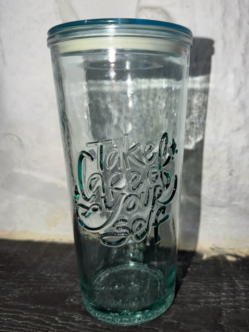 Tabitha Brown Embellished Glass Tumbler with Aqua Lid - 'Take Care Of Yourself'